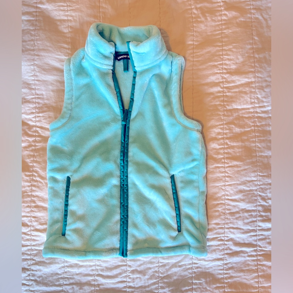 Lands End softest fleece light teal blue girls vest size small (6/7)